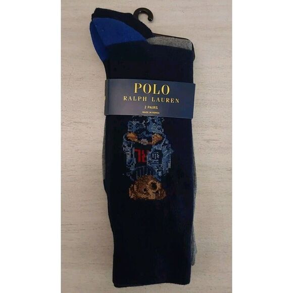 Polo Ralph Lauren Mens Crew Socks Signature Polo Bear Navy Blue Gray Sz 10-13 - Picture 1 of 8